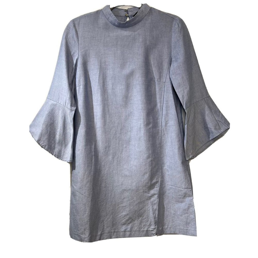 ZARA Basic Womens Shirt Dress Blue Chambray Sz S Bell Sleeve Pockets Coastal